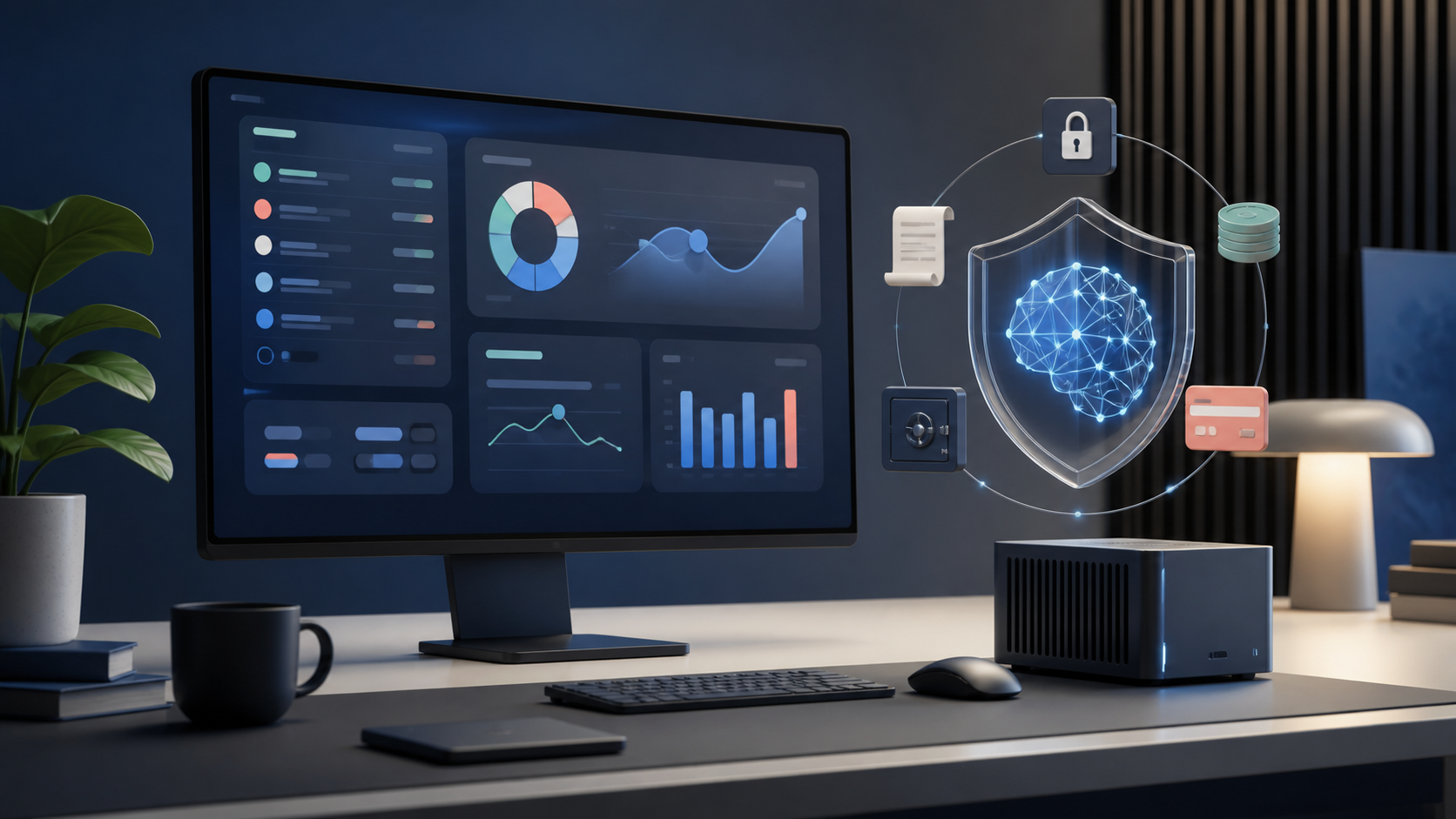 Editorial illustration of a private local-compute personal finance AI workspace