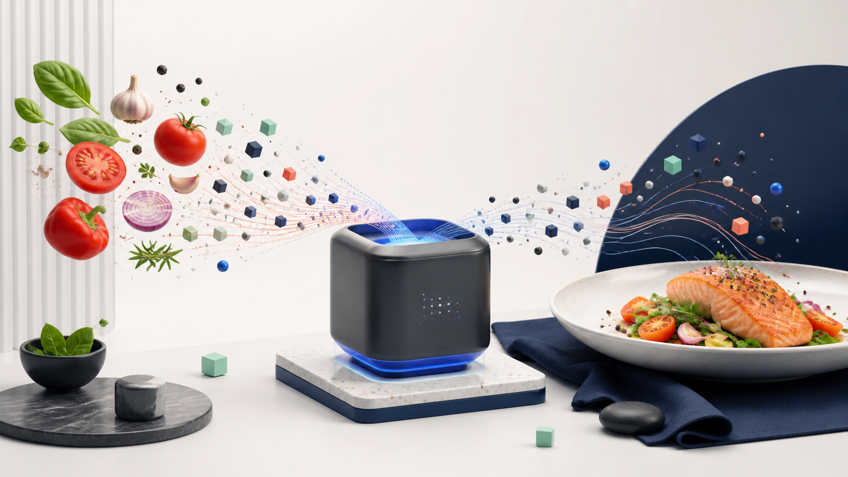 Editorial illustration of ingredients transformed by AI into a plated recipe