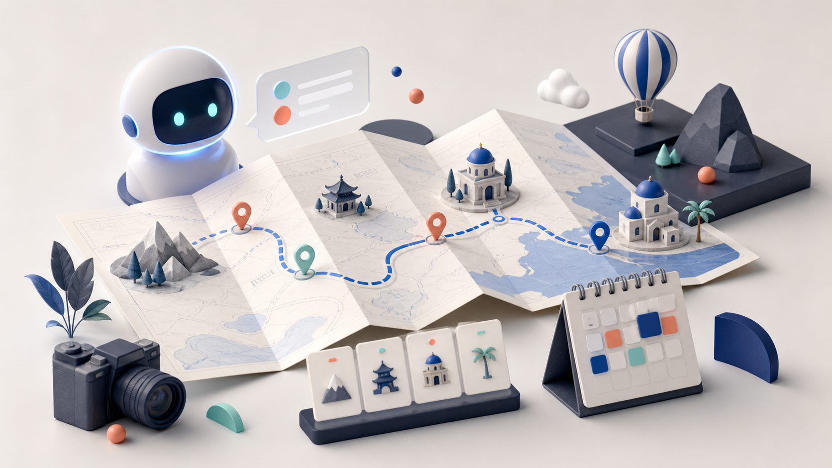 Editorial illustration of an AI-planned journey across a map and calendar